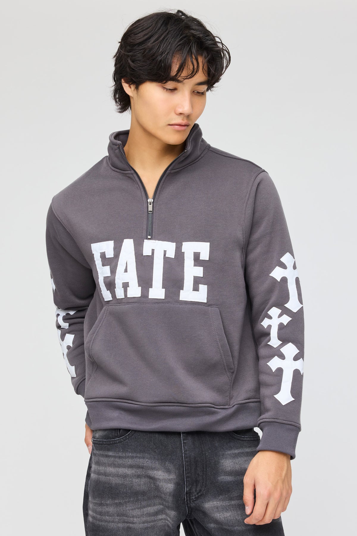 Patch Quarter Zip Fleece Sweatshirt - Dark Grey