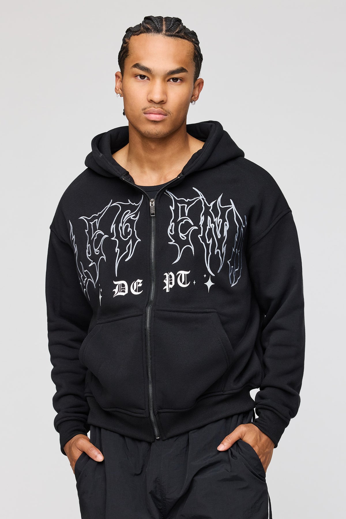Gothic Graphic Zip Fleece Hoodie - Black
