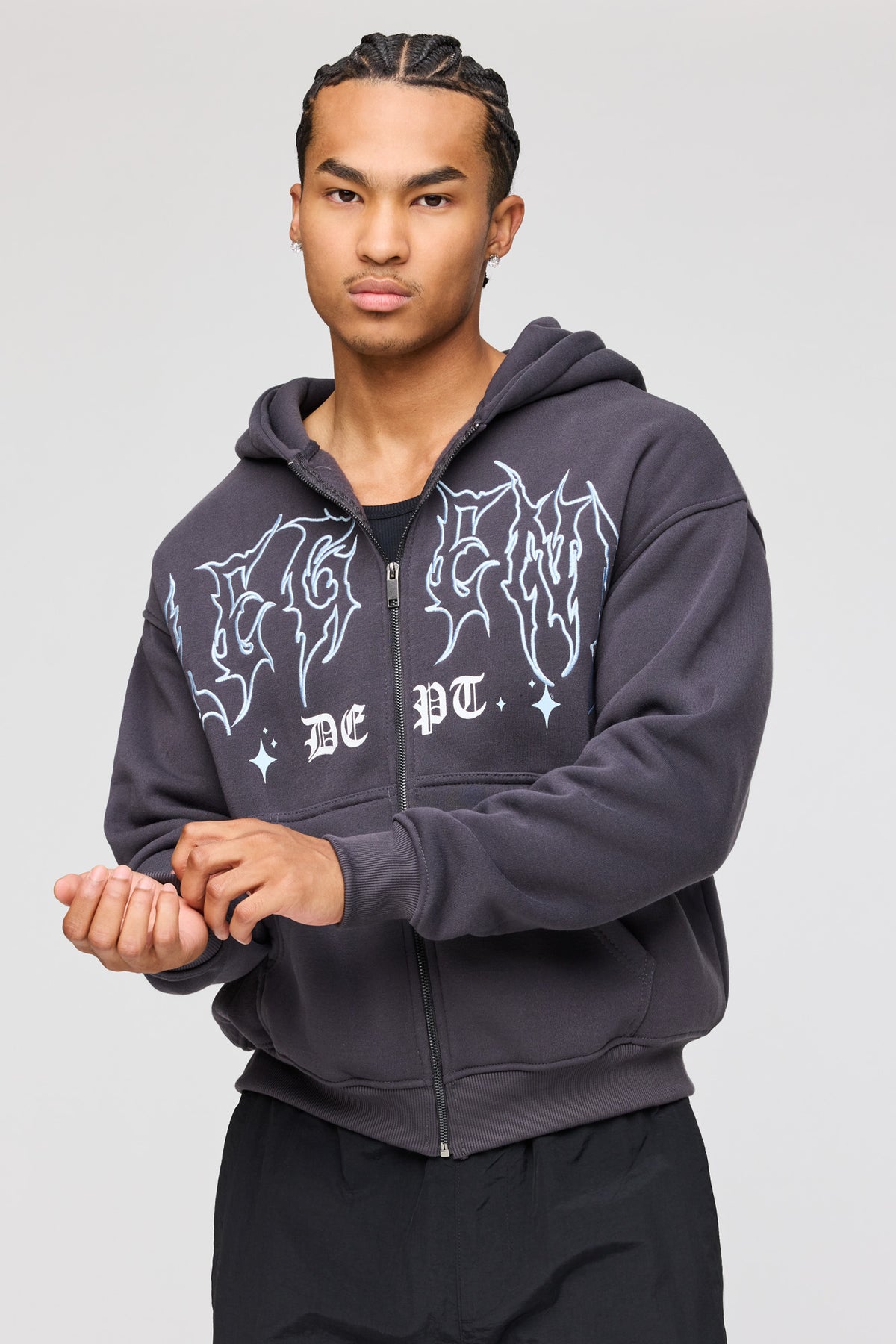 Gothic Graphic Zip Fleece Hoodie - Charcoal
