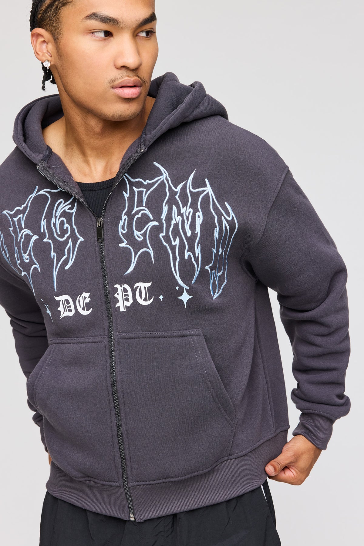 Alt View 4. Gothic Graphic Zip Fleece Hoodie - Charcoal