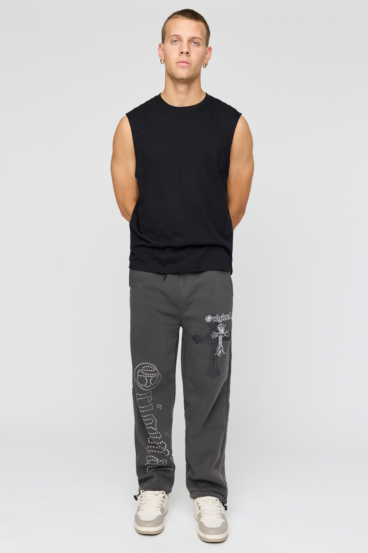 Alt View 2. Studded Graphic Fleece Sweatpant - Charcoal