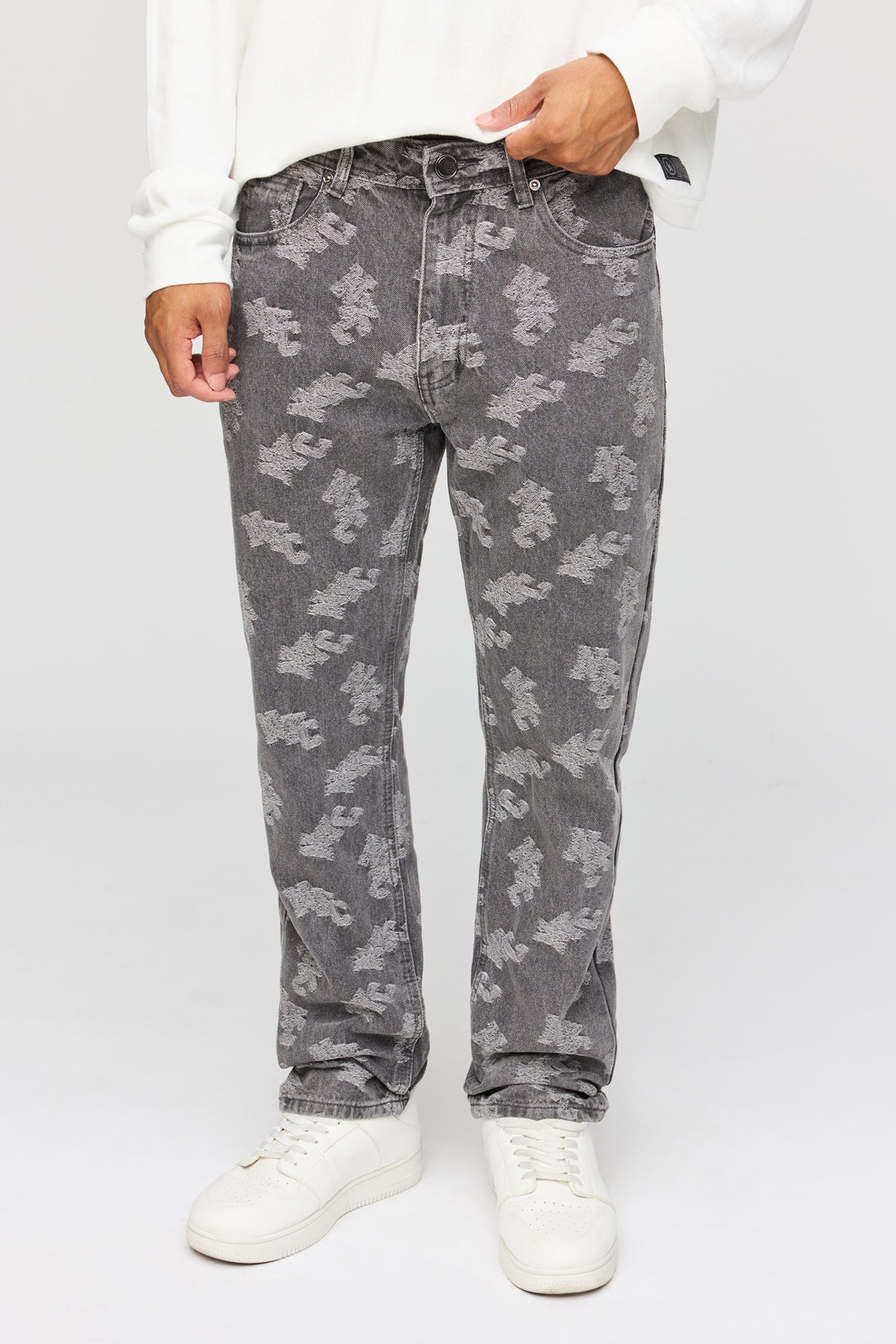 Jean droit en tricot de jacquard à imprimé NYC 
