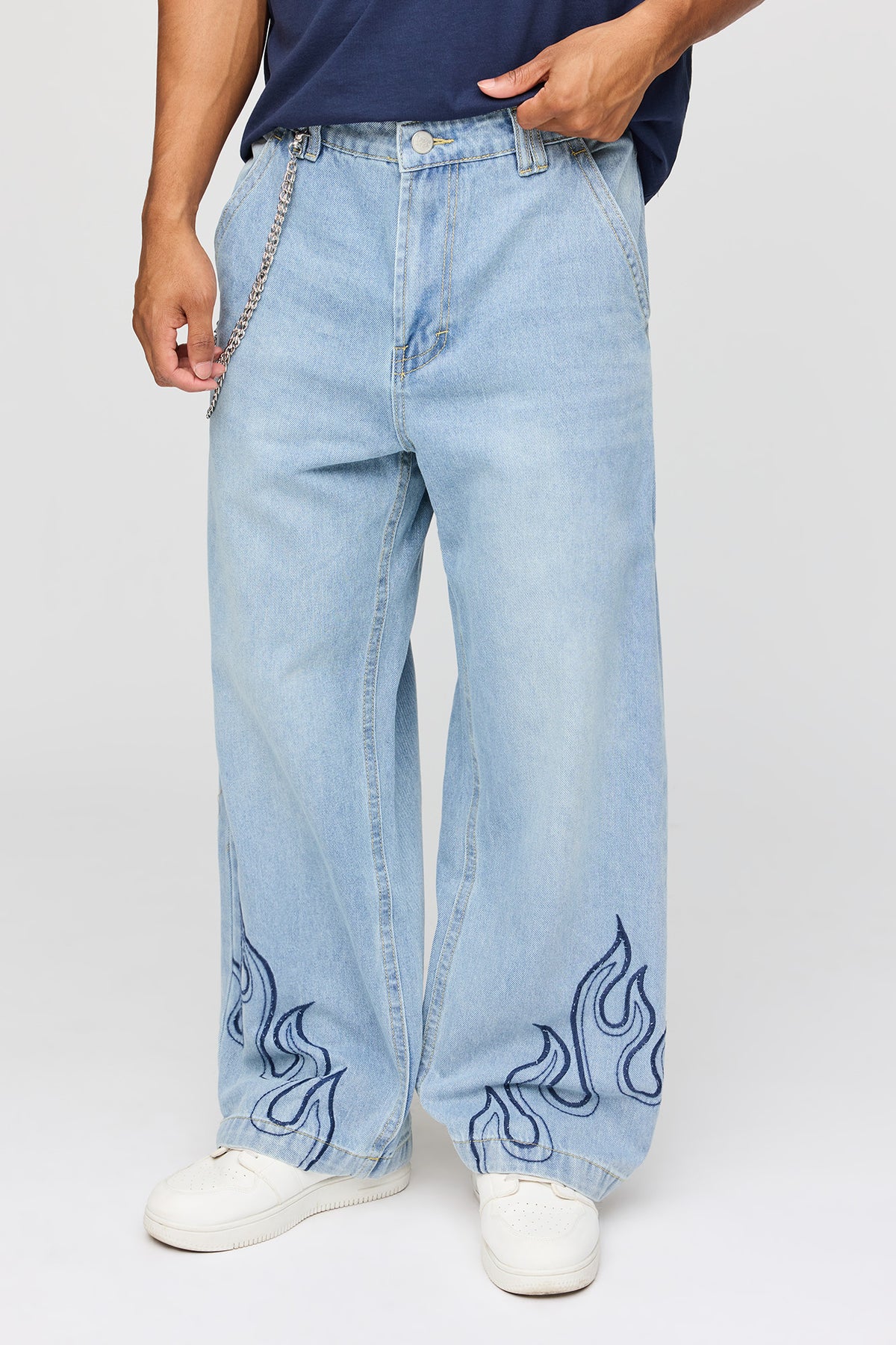 Flame Graphic Baggy Jean with Chain - Light Denim Blue