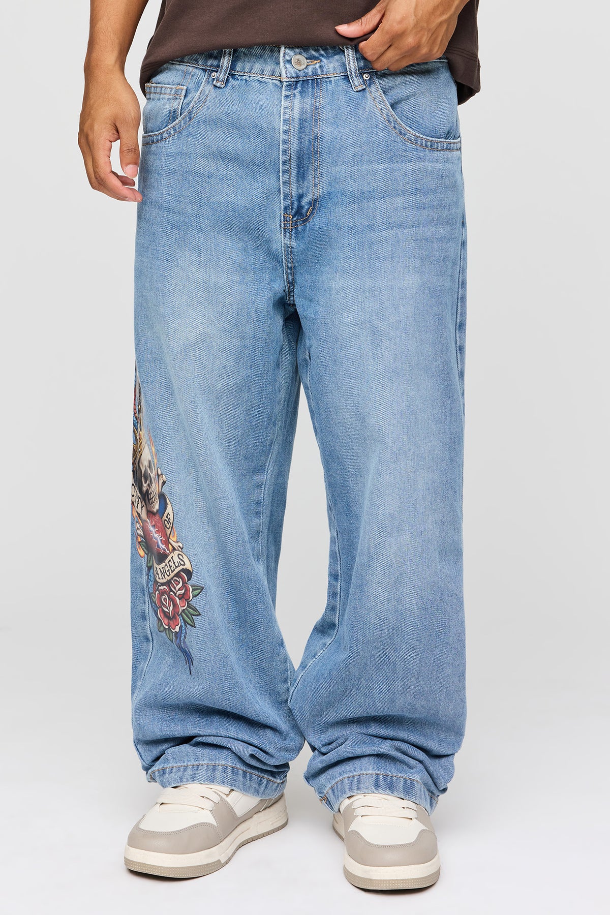 Tattoo Graphic Baggy Jean - Medium Blue