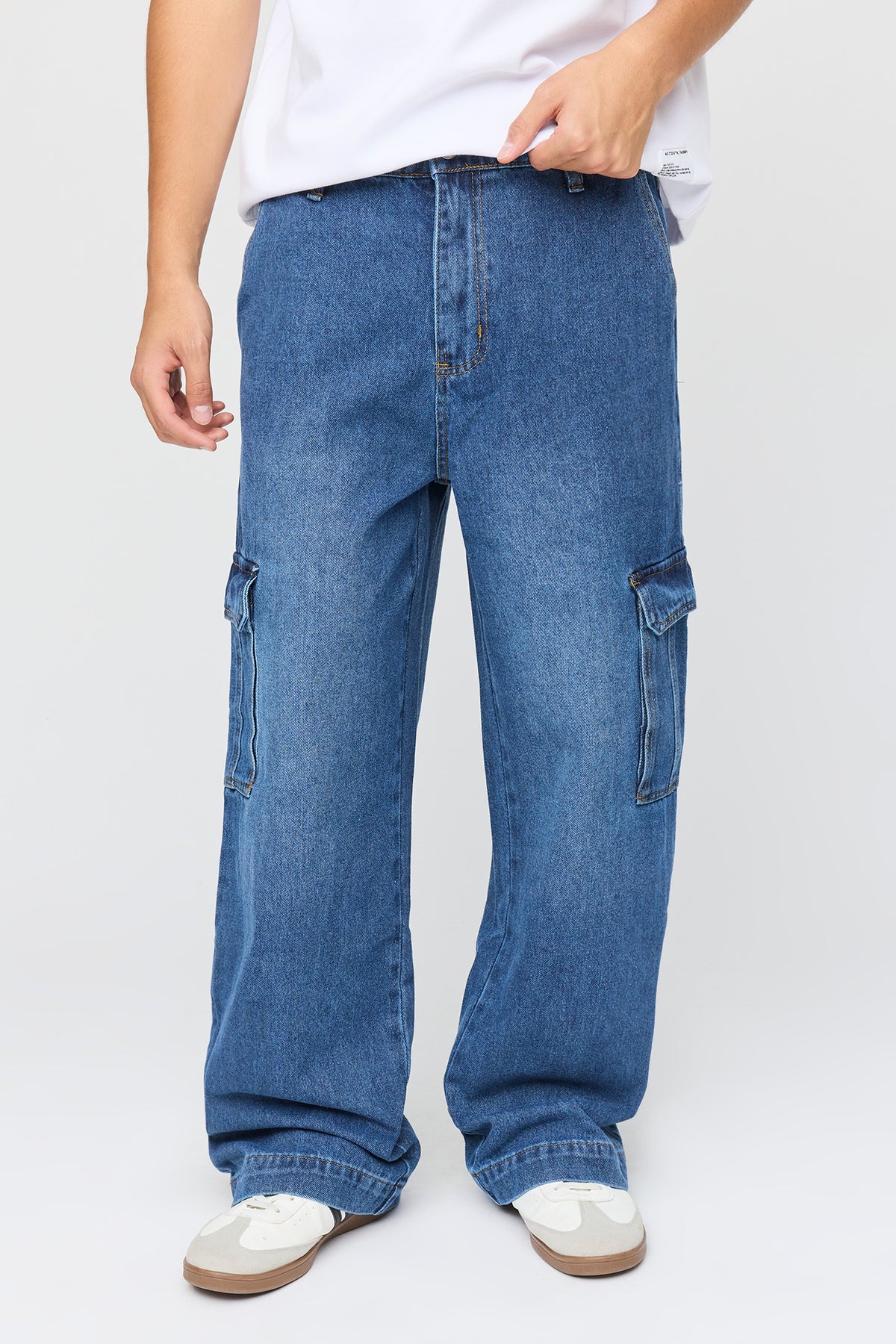 Stretch Baggy Cargo Jean - Medium Blue