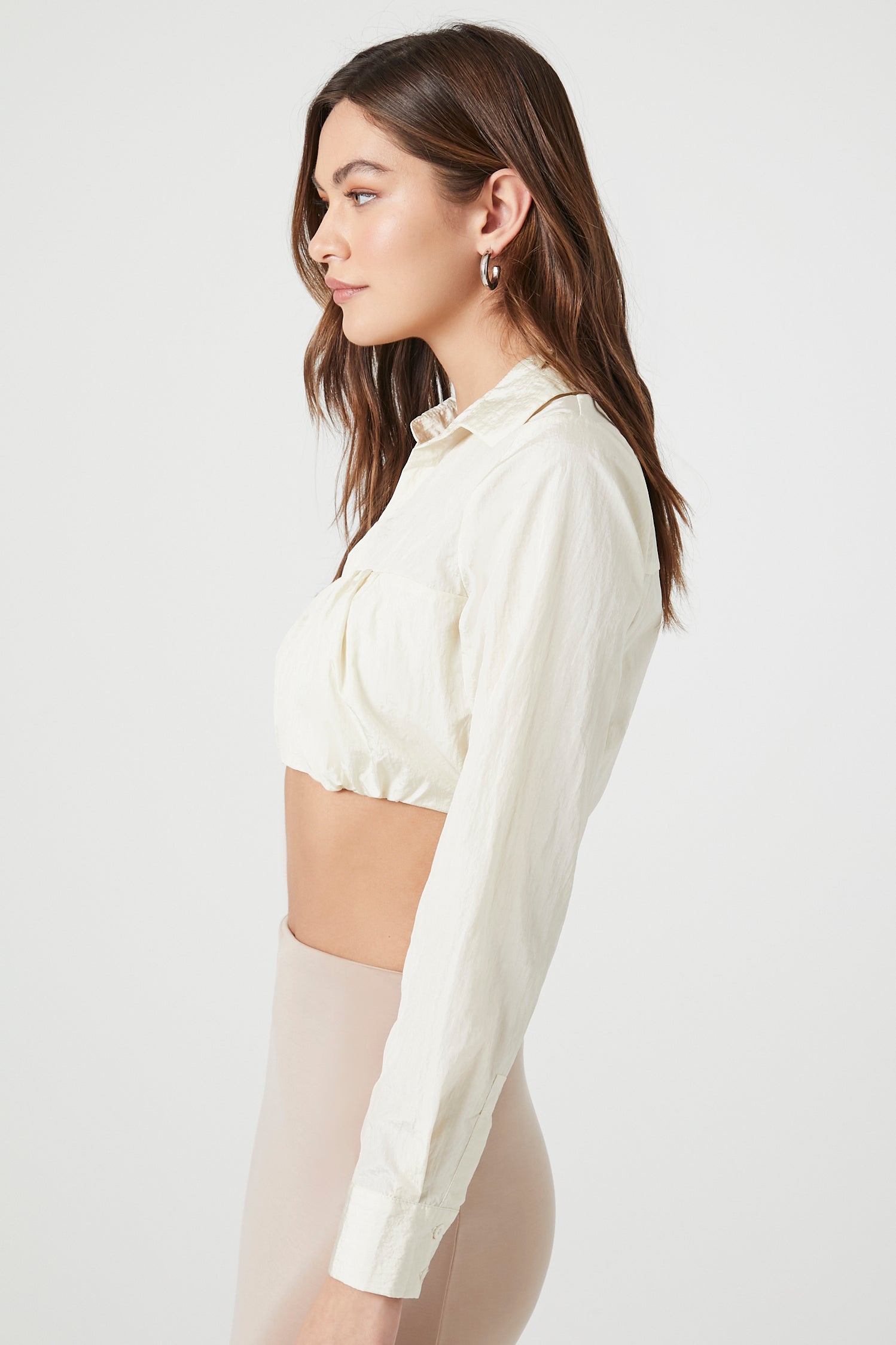 Nylon Toggle Hem Long Sleeve Crop Top