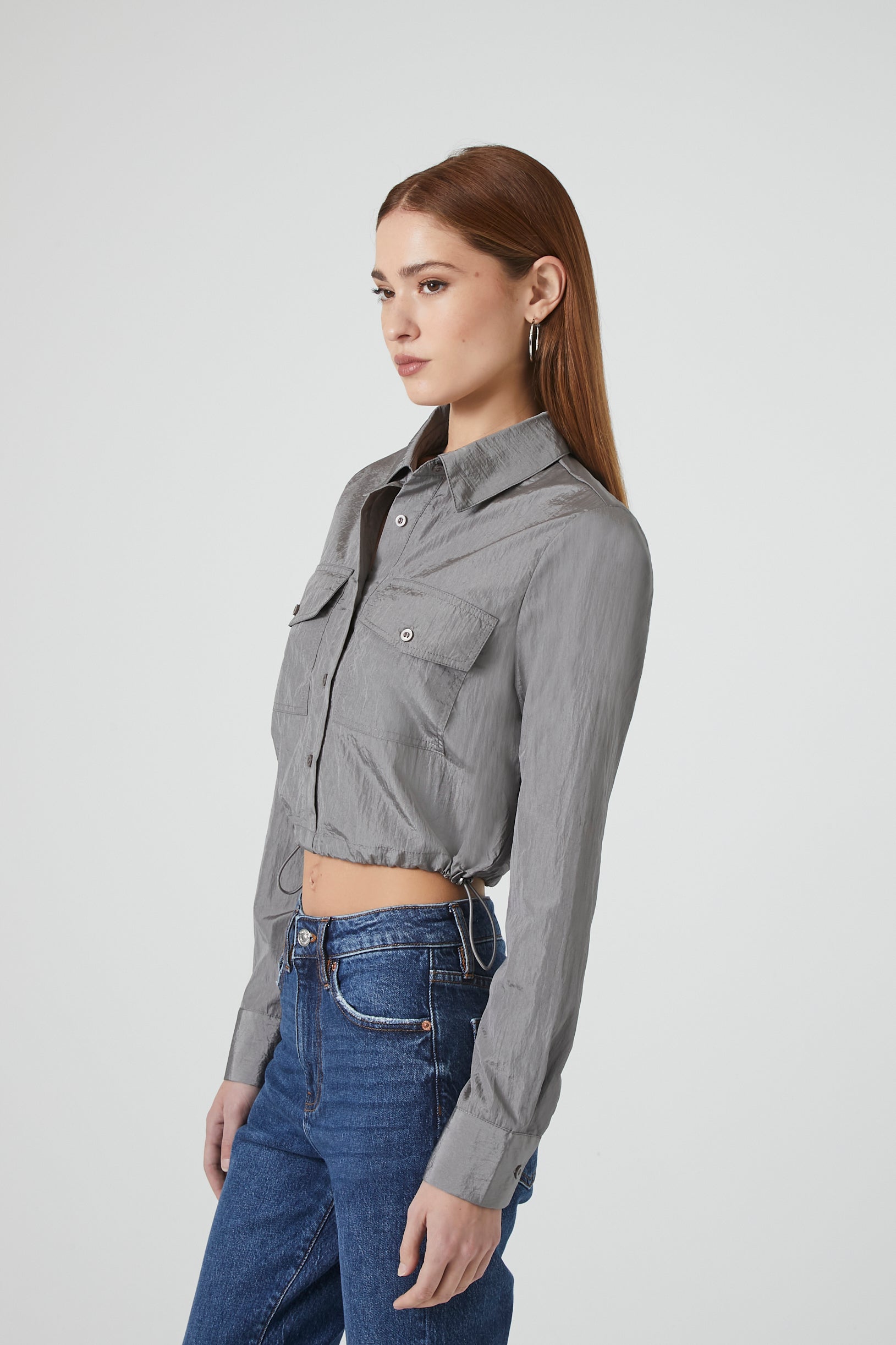 Toggle Hem Cropped Button-Up Top