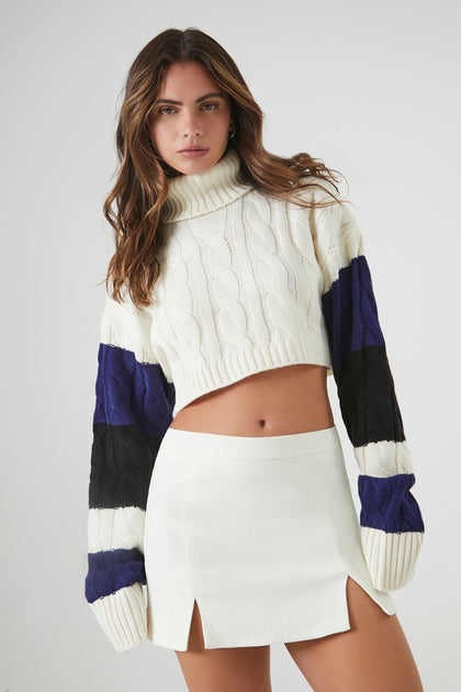 Cable Knit Colourblock Cropped Turtleneck Sweater