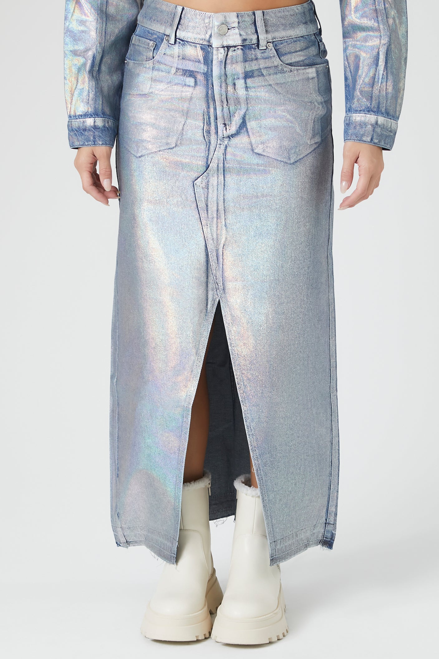 Iridescent Denim Slit Maxi Skirt