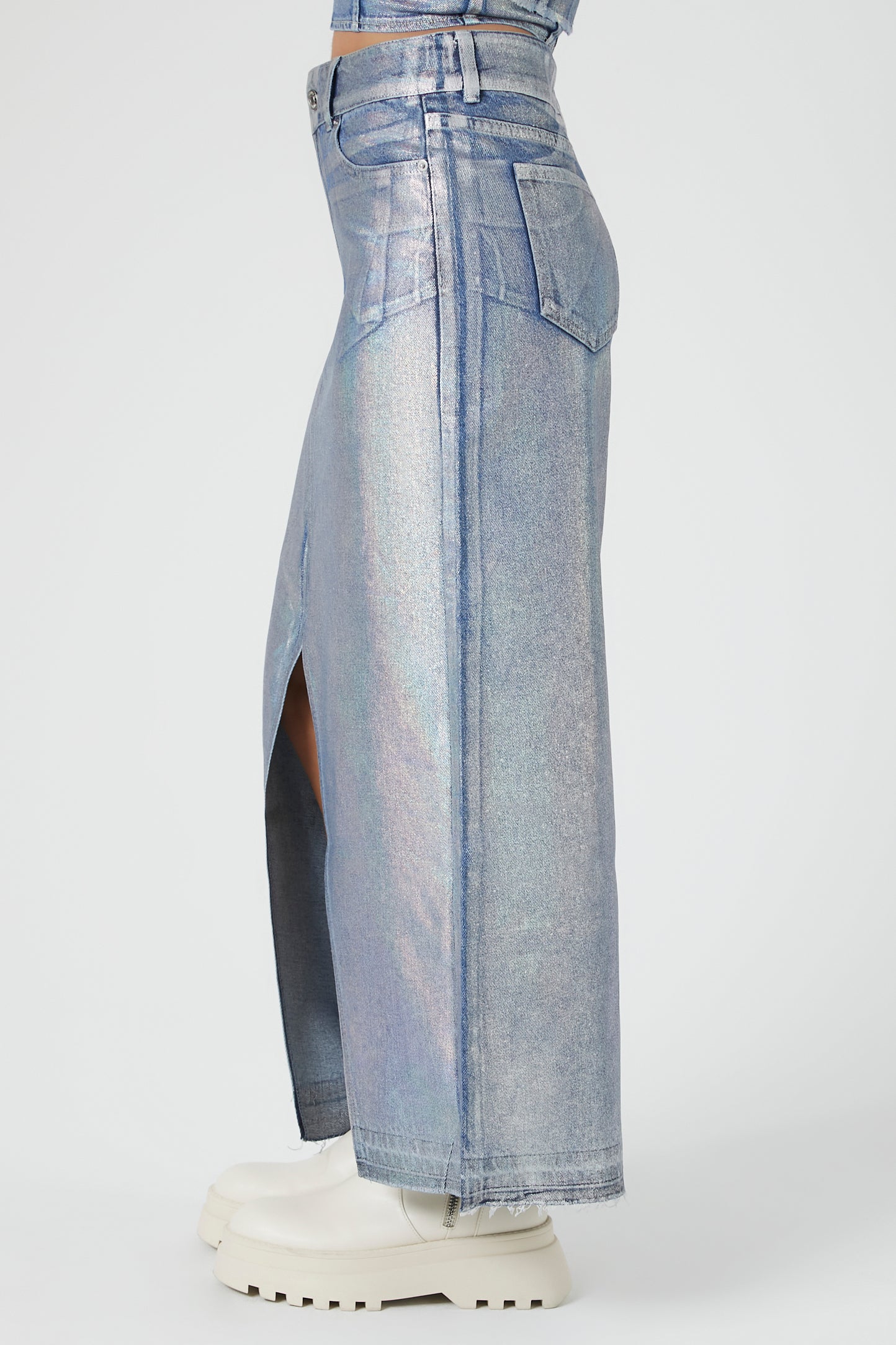 Iridescent Denim Slit Maxi Skirt
