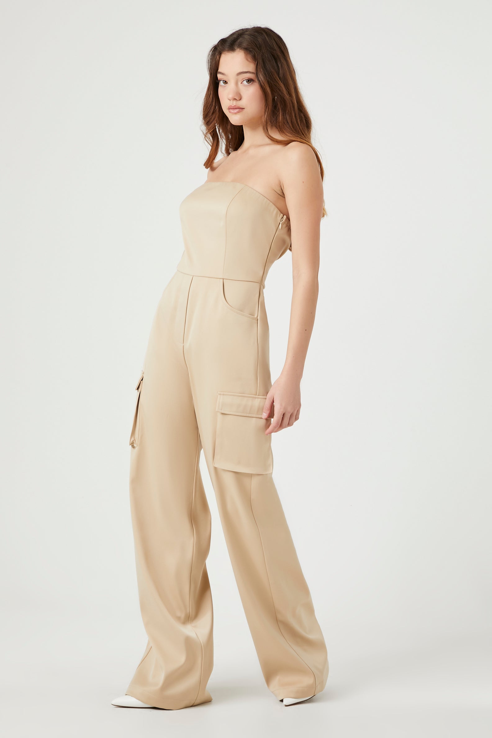 Satin Strapless Cargo Jumpsuit