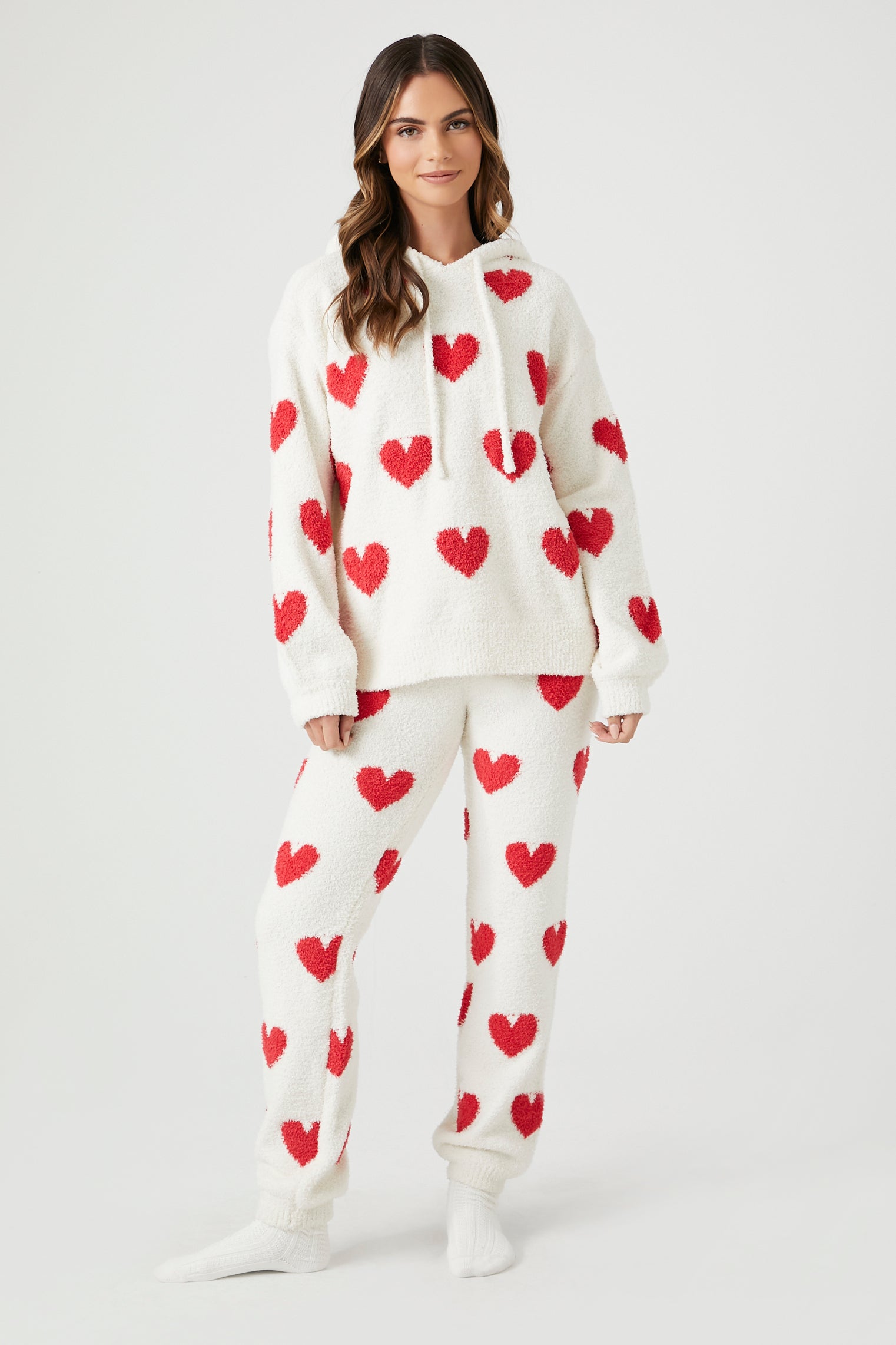 Heart Print Plush Pajama Hoodie