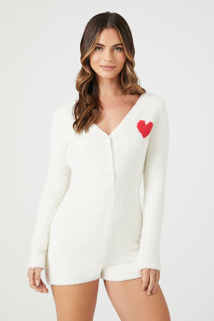 Combi-short de pyjama en peluche avec motif de coeur
