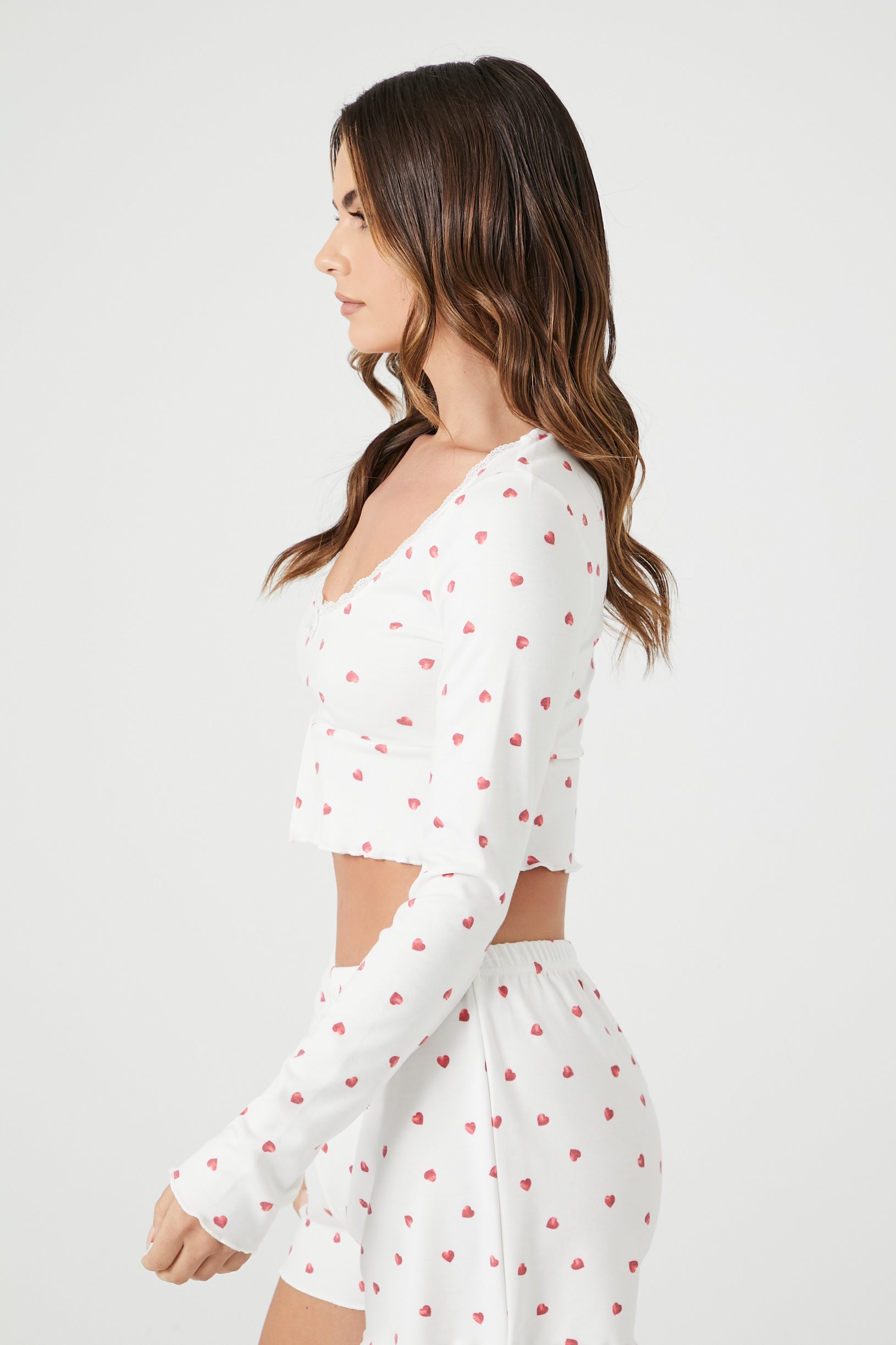 Heart Print Lace Trim Pajama Top
