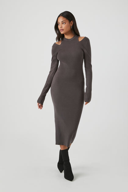 Express, Off The Shoulder Long Sleeve Side Slit Midi Sweater Dress in  Pitch Bla