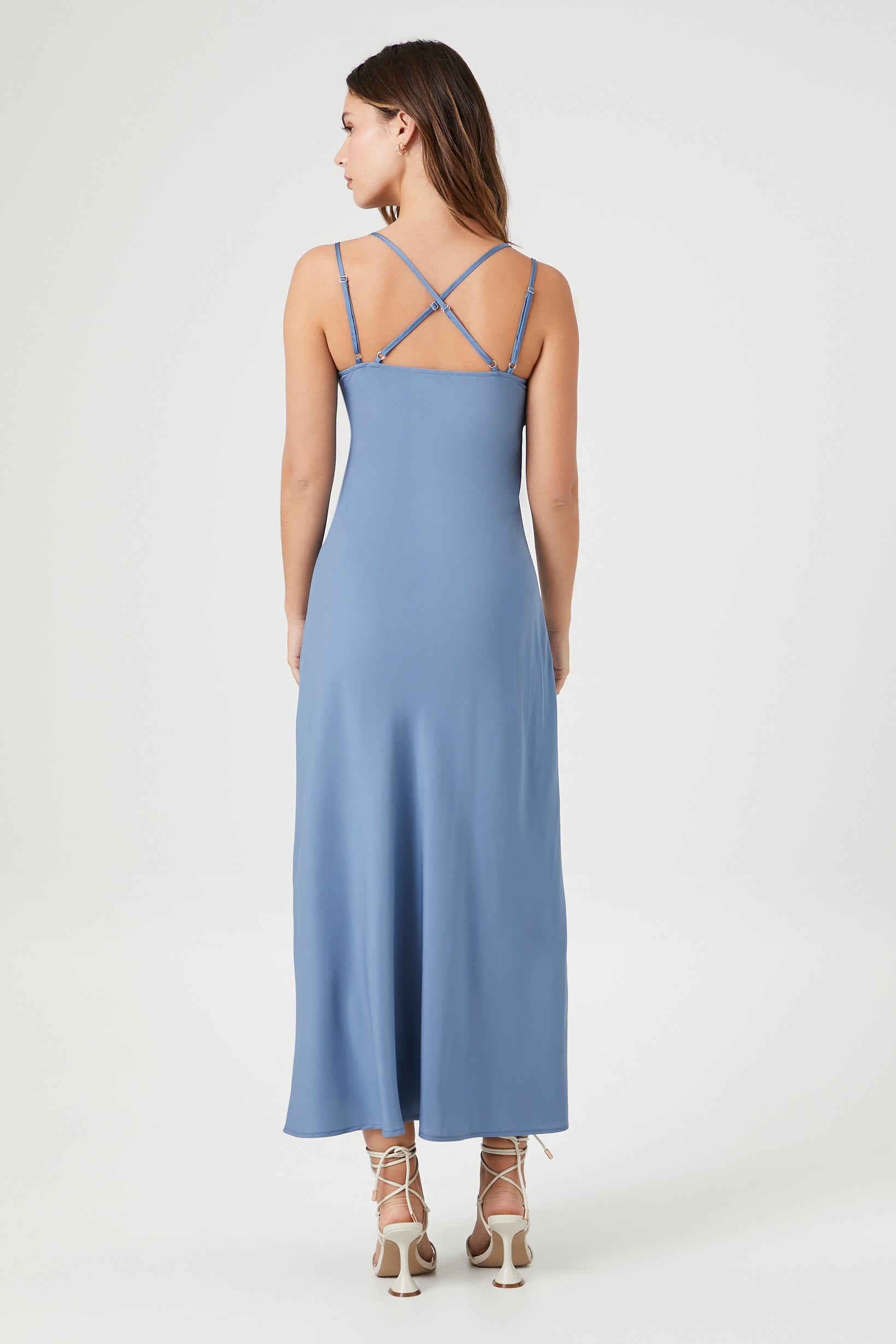 Satin V-Neck Strappy Midi Dress