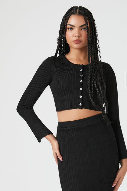 Womens 2 Pcs Knitted Dress V Neck Long Sleeve Crop Top Buttons Slit Skirt  Set 