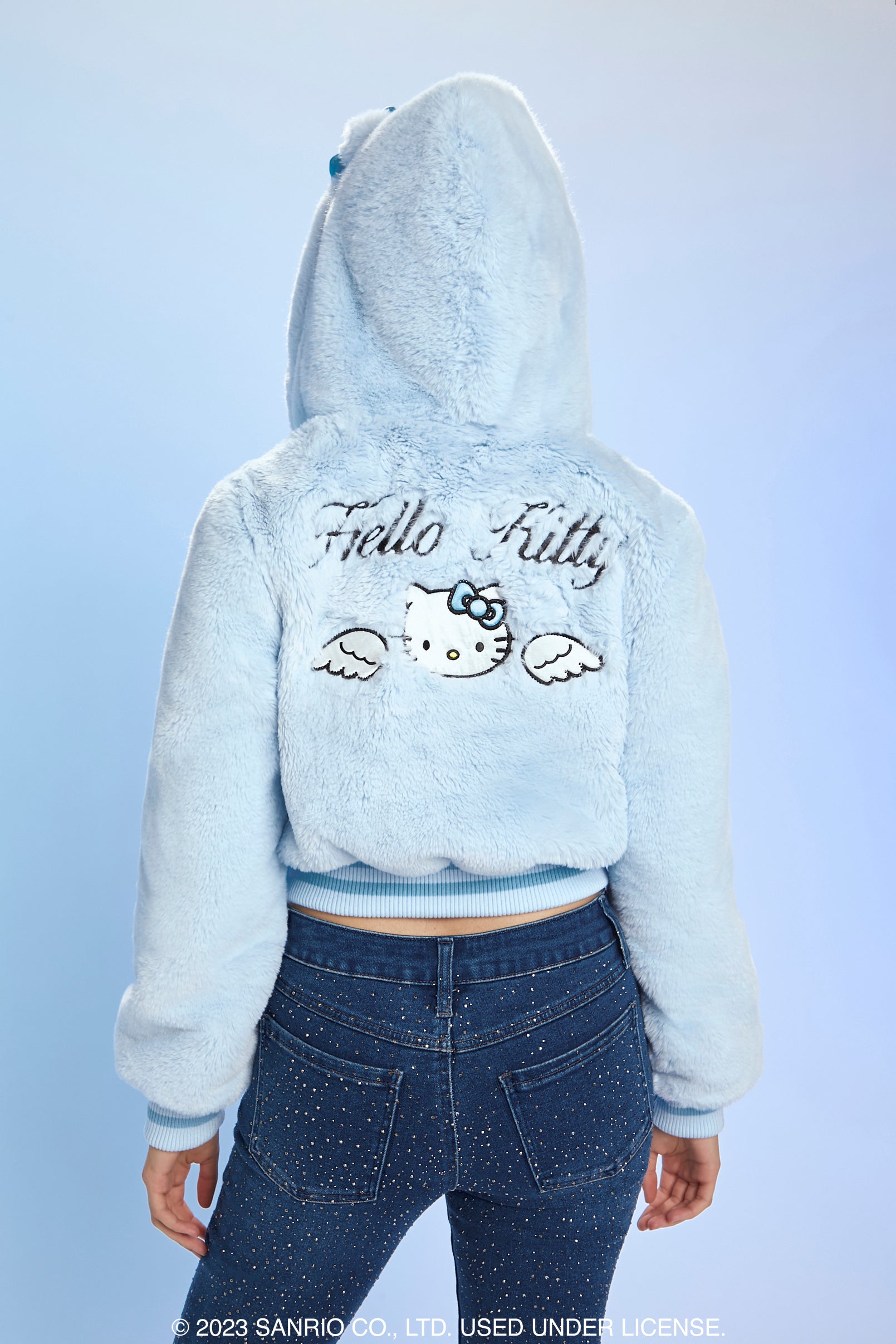 Haut à capuchon en similifourrure imprimé Angel Hello Kitty avec fermeture glissière