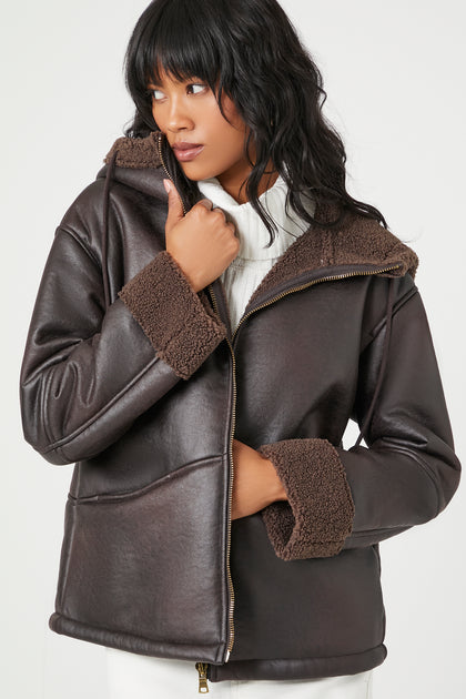 Faux Leather Sherpa Trim Zip-Up Jacket