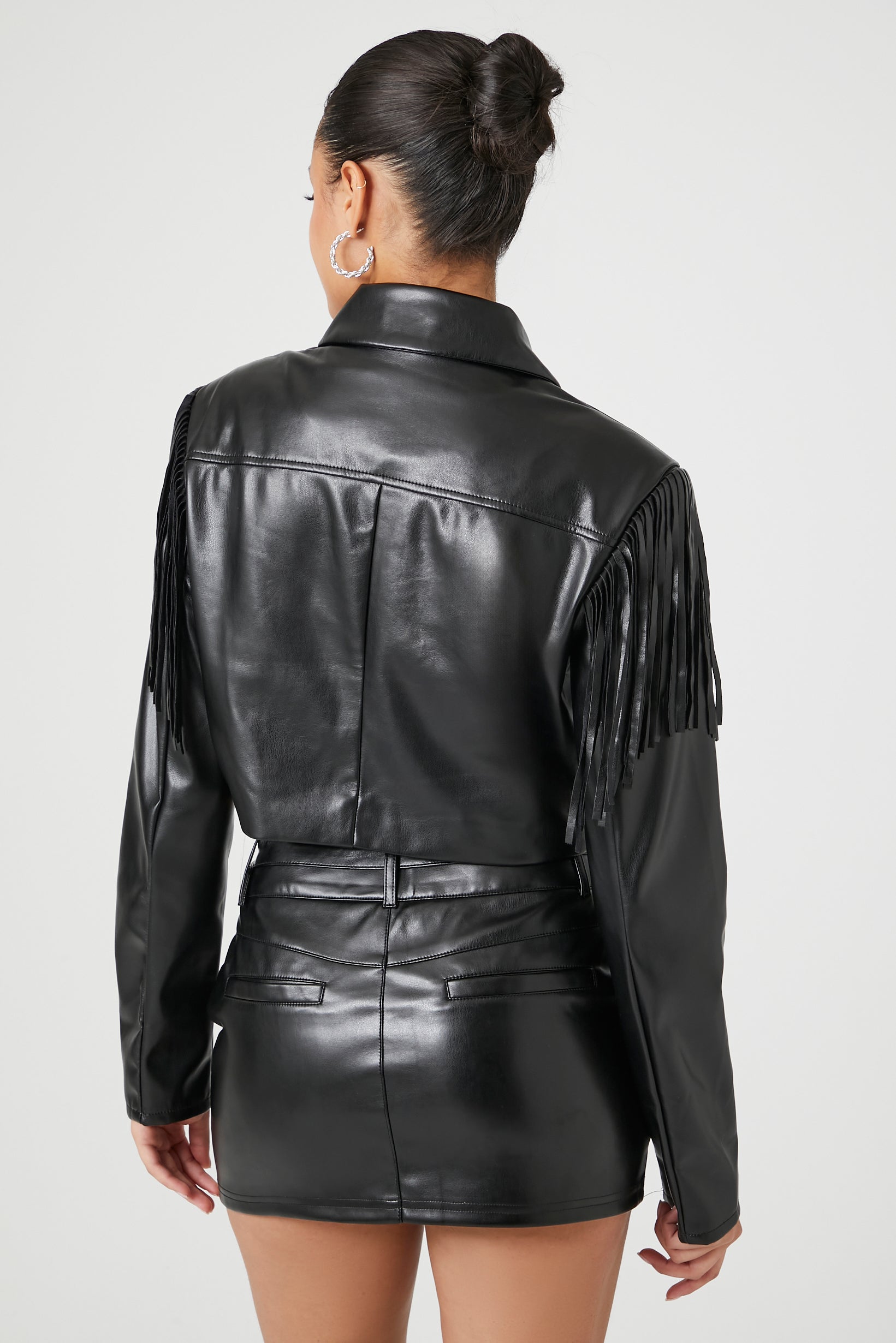 Faux Leather Fringe Zip-Up Cropped Jacket