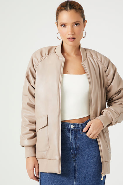 Faux Leather Ruched Bomber Jacket