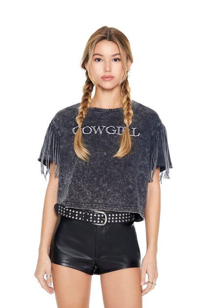 T-shirt délavé à imprimé Cowgirl avec manches à franges