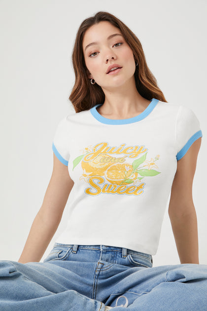 T-shirt à liséré contrastant avec imprimé Juicy Orange