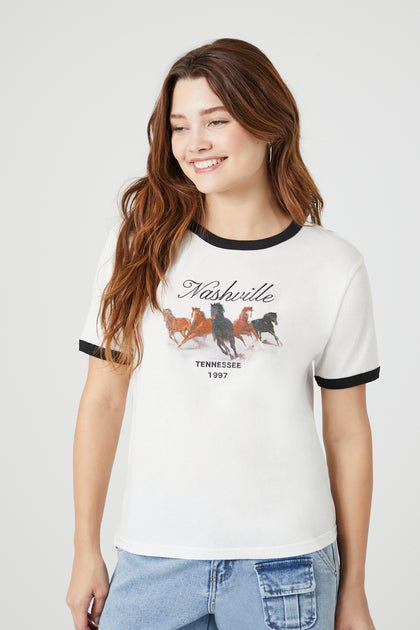 T-shirt à liséré contrastant et motif brodé Nashville