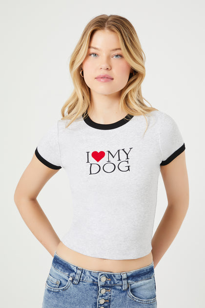 T-shirt ultracourt à liséré contrastant avec imprimé I Love My Dog
