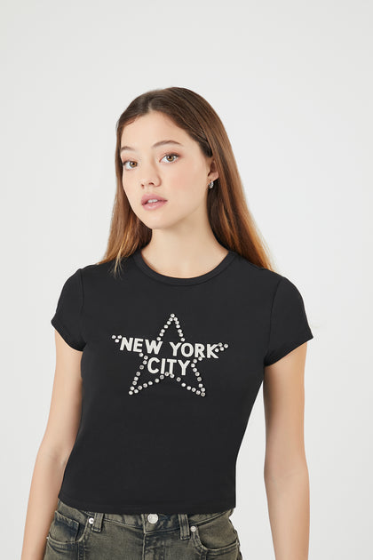 T-shirt ultracourt à imprimé New York City avec pierres du Rhin