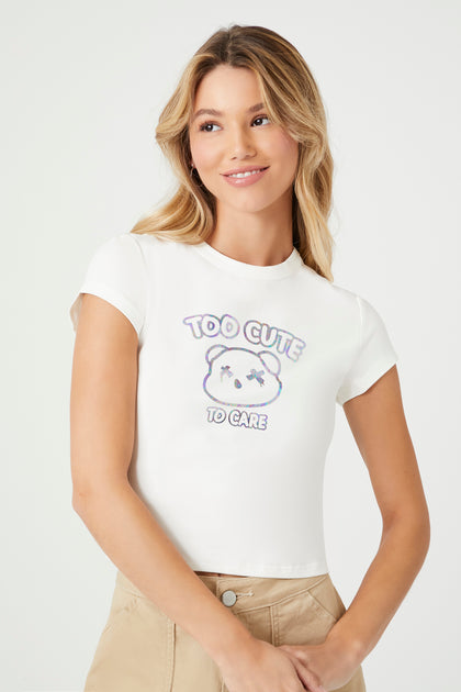 T-shirt écourté avec les mots Too Cute aux reflets irisés