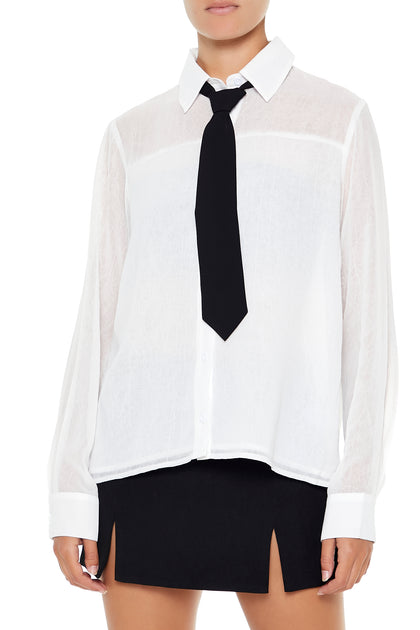 Sheer Button-Up Top with Neck Tie