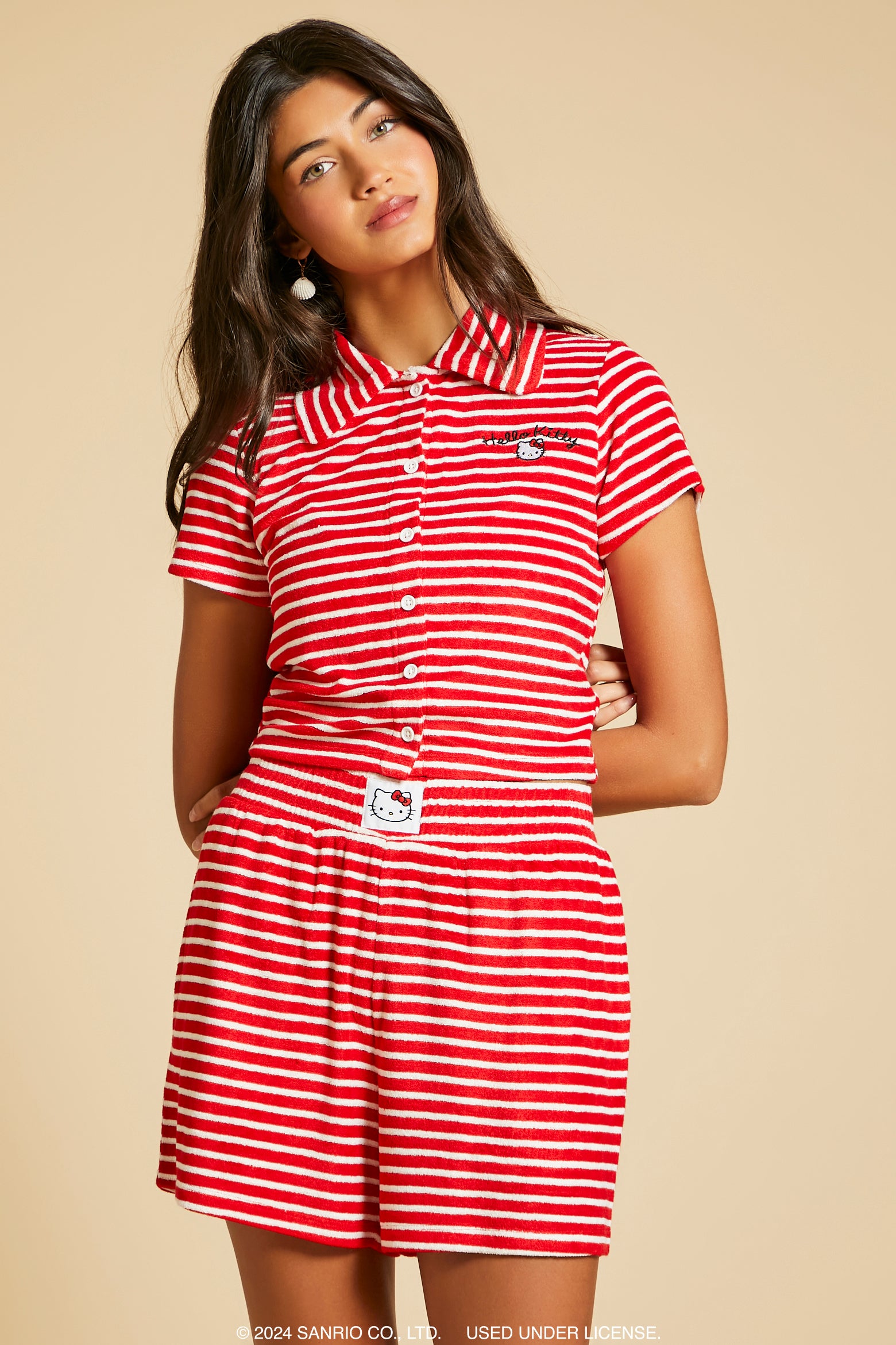 Hello Kitty Embroidered Striped Button-Up Top