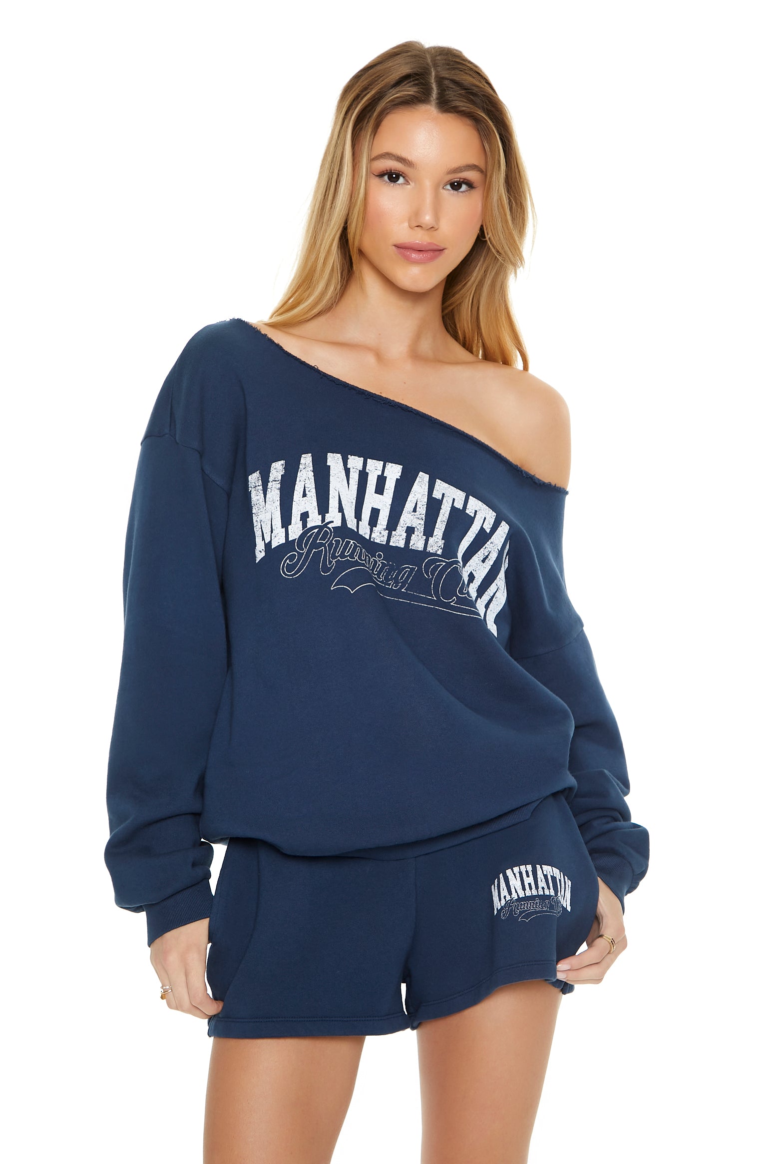Manhattan Running Club Graphic Off Shoulder Fleece Sweatshirt