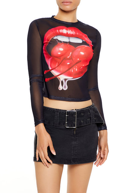 Mesh Cherry Lips Graphic Long Sleeve Top