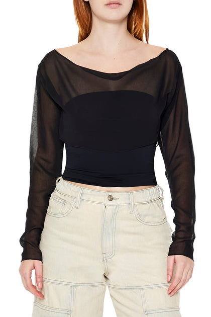 Chiffon Boat Neck Long Sleeve Crop Top