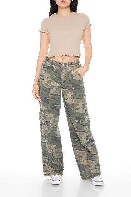 Pantalon cargo à jambe large avec motif camouflage