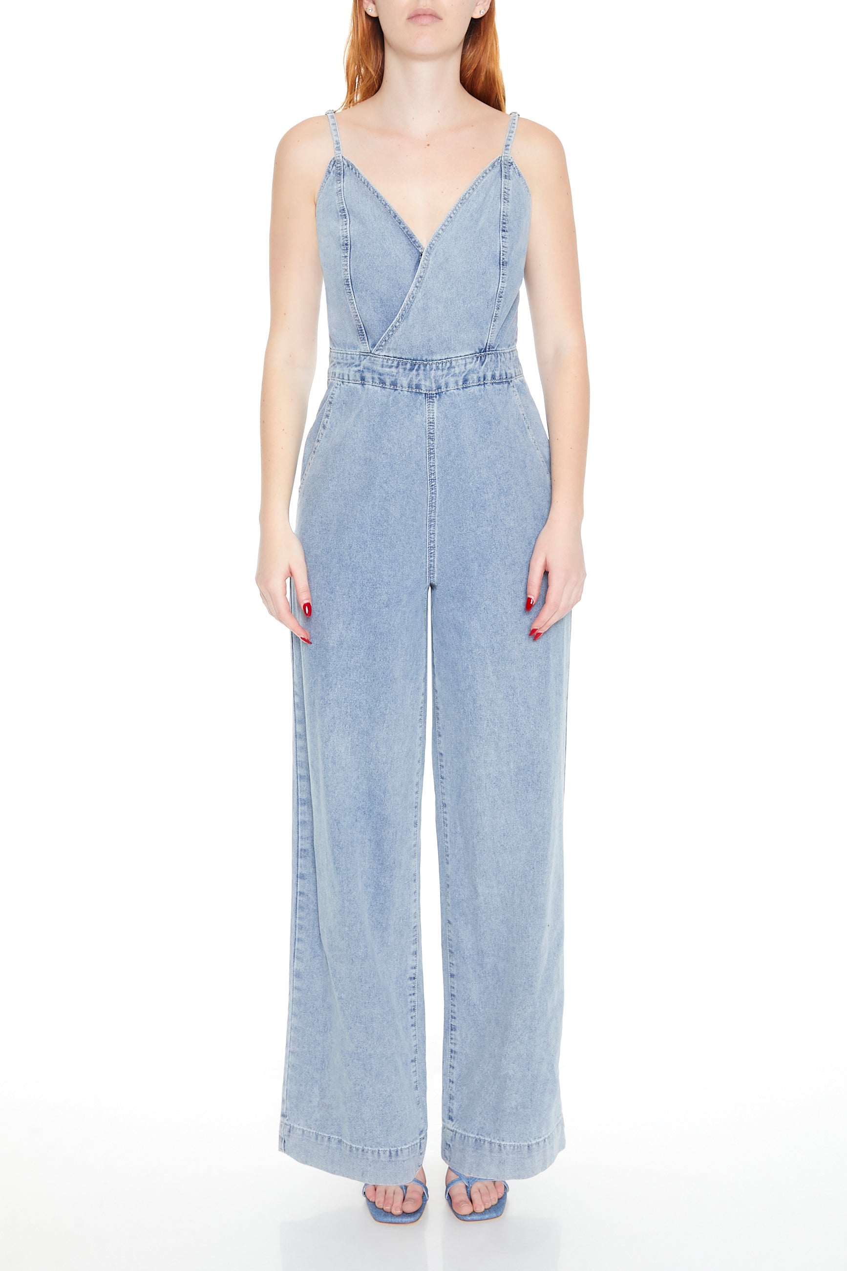 Denim Surplice Wide Leg Jumpsuit