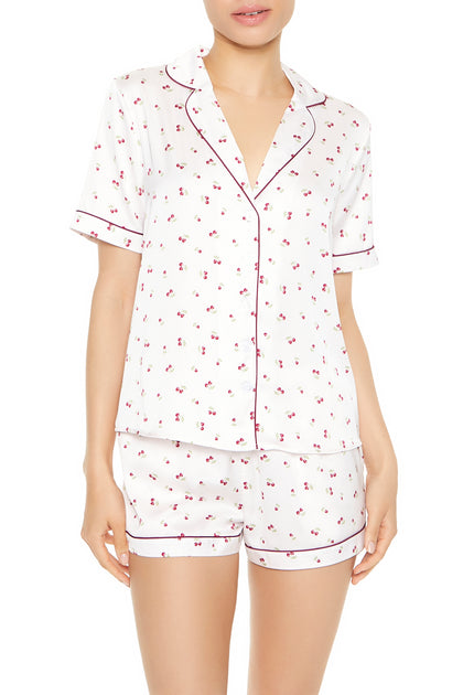 Satin Cherry Print Shirt and Short 2 Piece Pajama Set