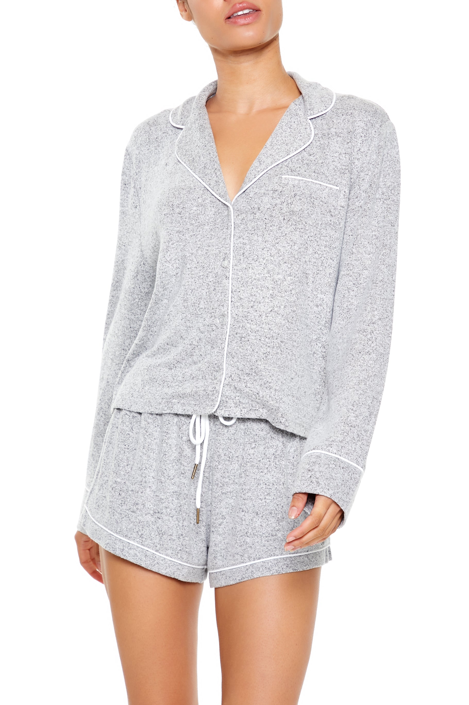 Piped Trim Long Sleeve Top & Short 2 Piece Pajama Set