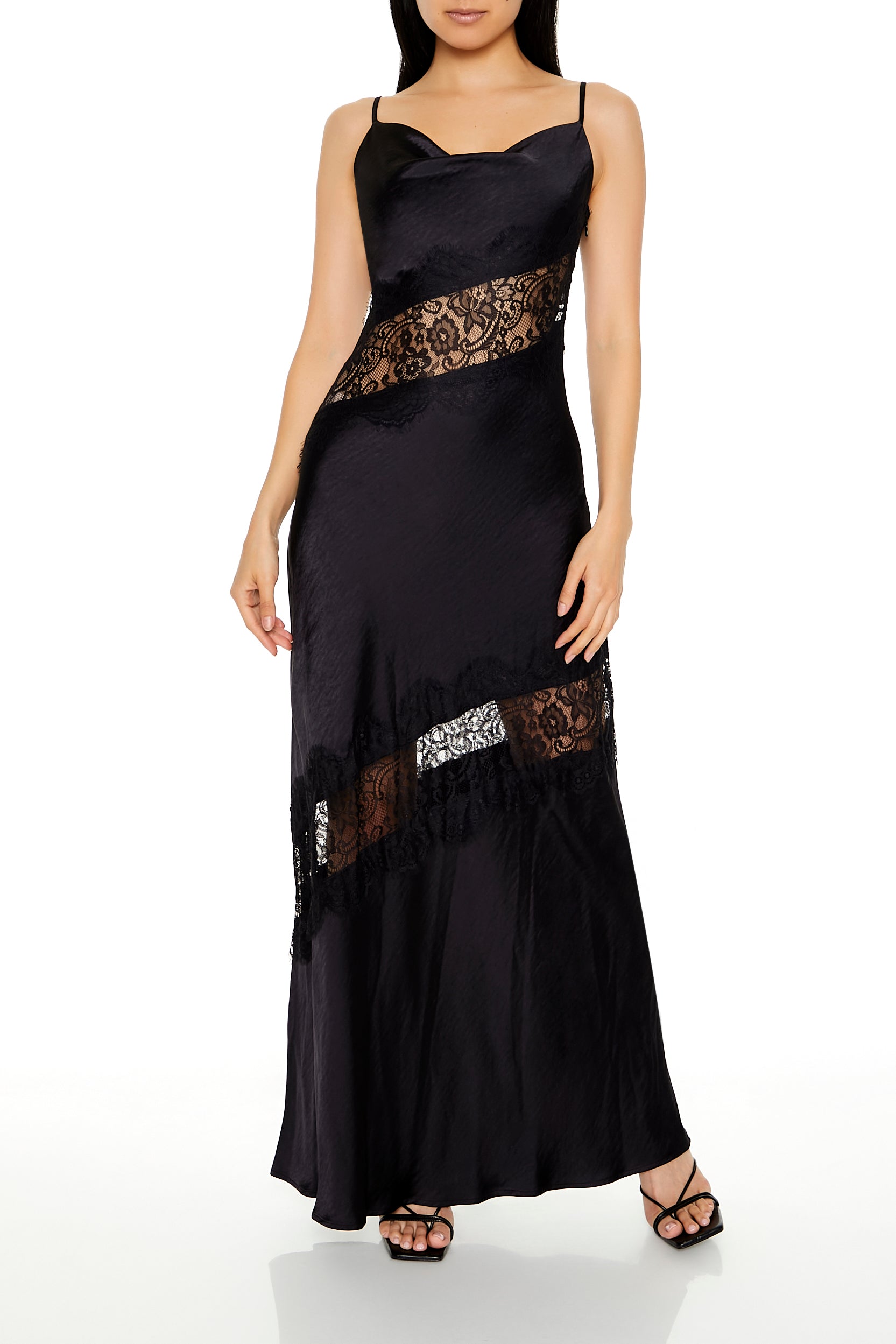 Satin Lace Trim Cowl Maxi Dress