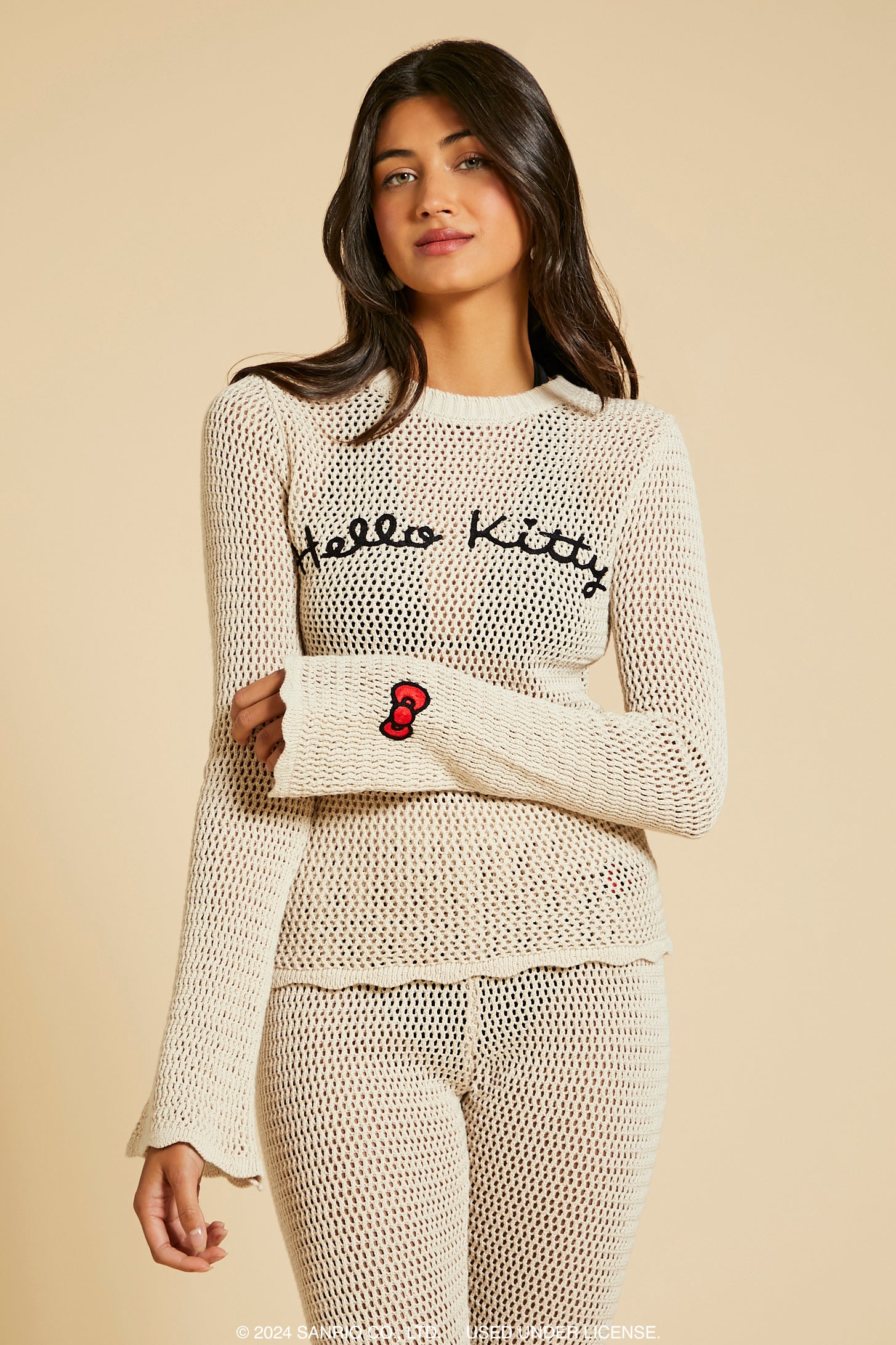 Hello Kitty Embroidered Crochet Long Sleeve Top