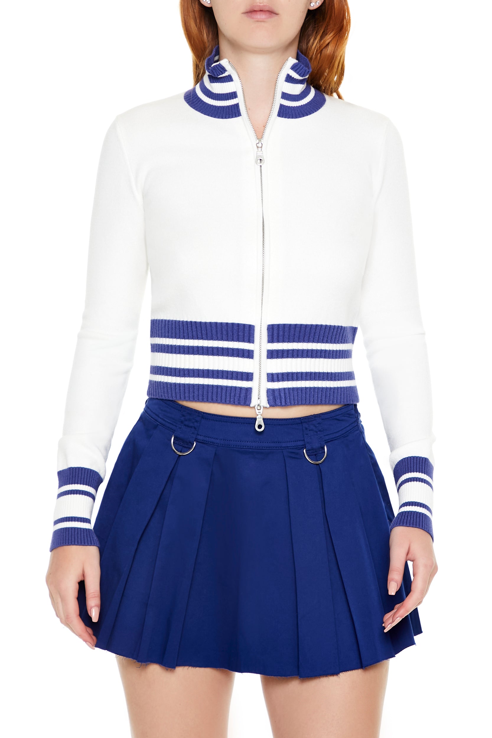 Varsity-Striped Zip-Up Sweater