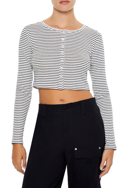 Striped Pointelle Knit Cropped Cardigan