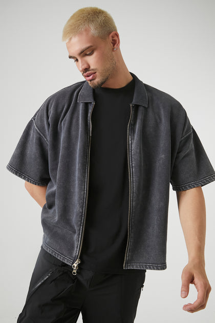 Washed Zip-Up Short Sleeve Top