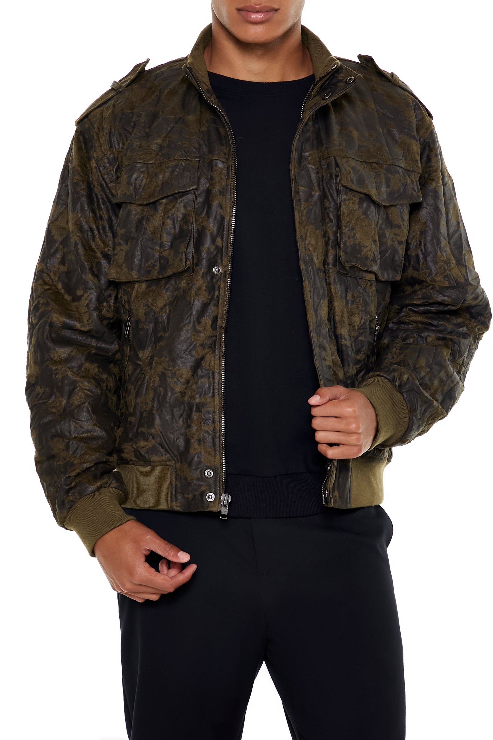 Washed Faux Leather Bomber Jacket