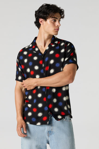 Red White and Blue Print Button-Up Top
