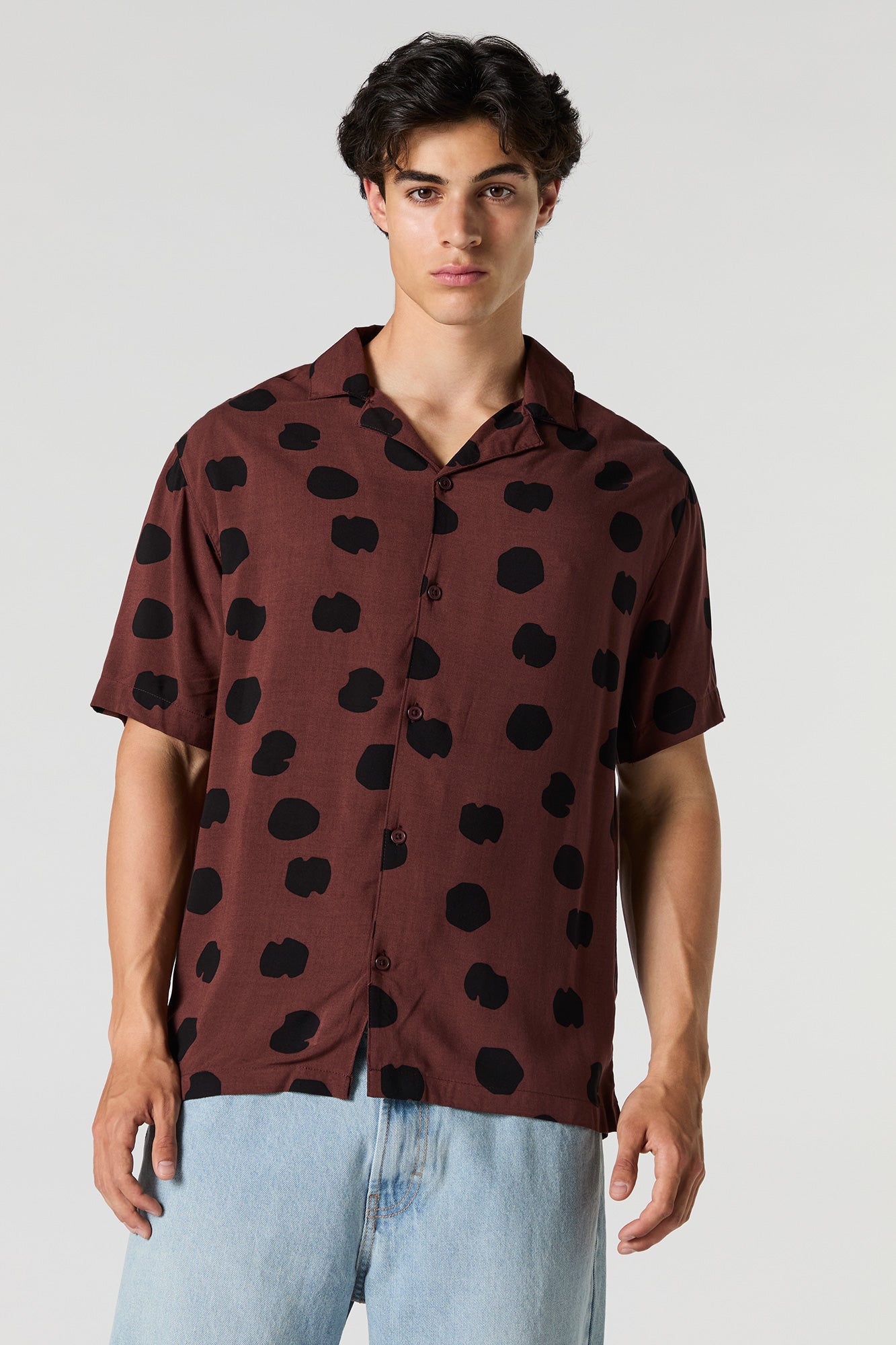 Brown Print Button-Up Top