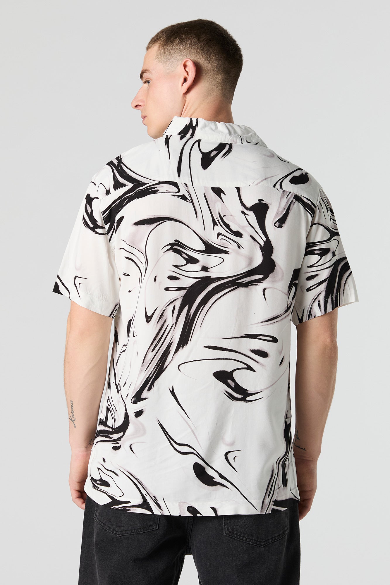 Abstract Print Button-Up Short Sleeve Top