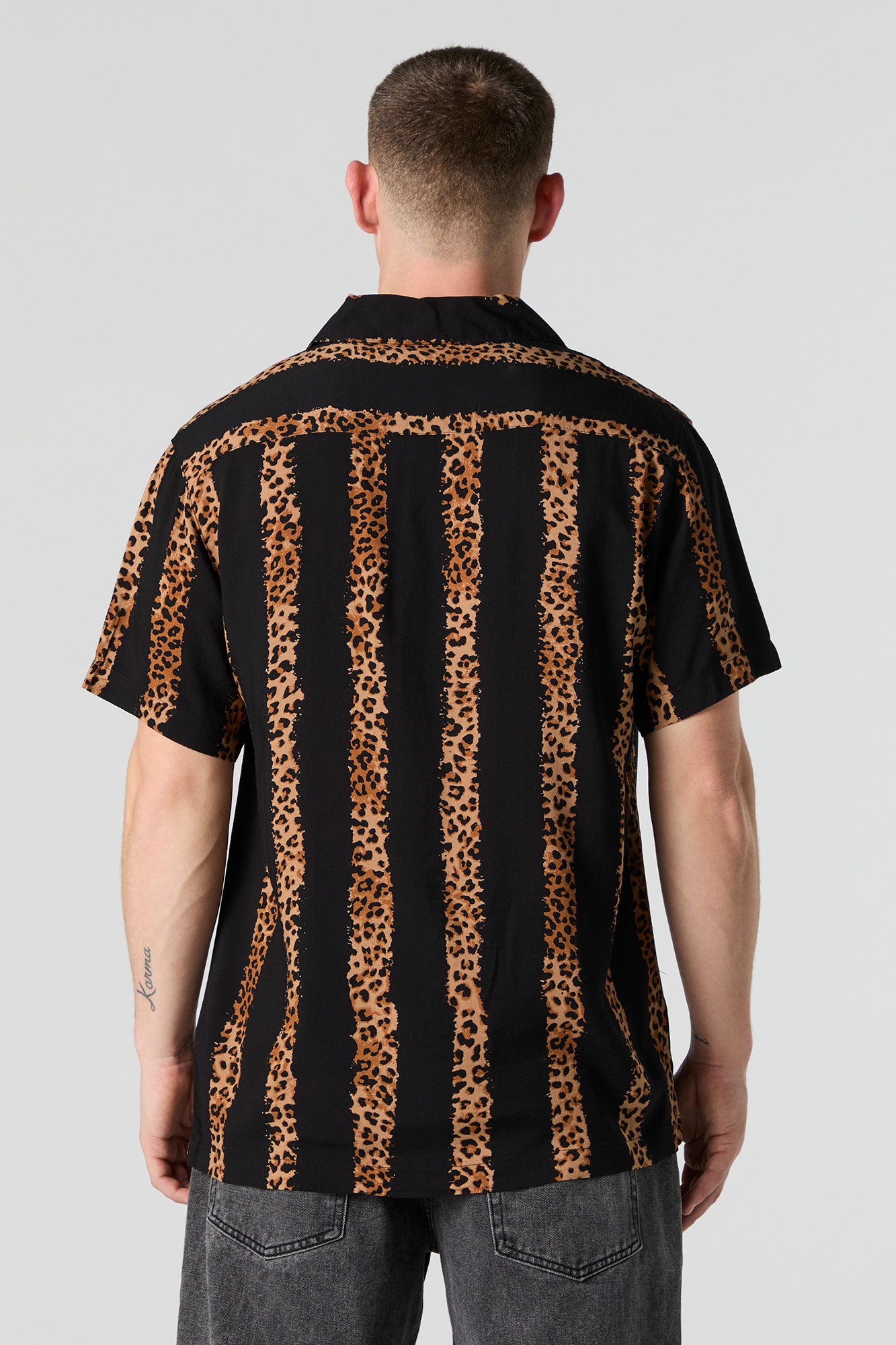 Striped Cheetah Print Button-Up Short Sleeve Top